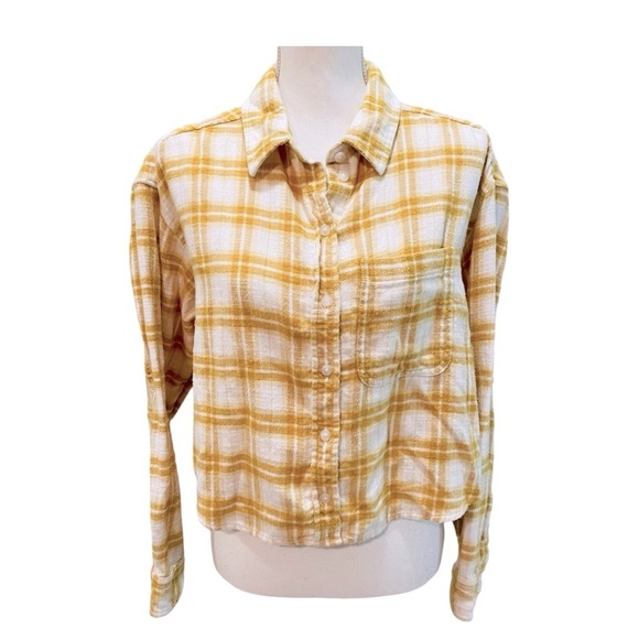 American Eagle Outfitters Tops - American Eagle Yellow Plaid Flannel Button Down Shirt Small